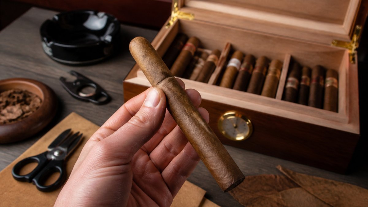 Hand holding a premium long filler cigar near an open humidor as a thompson cigar alternative for boutique brands.
