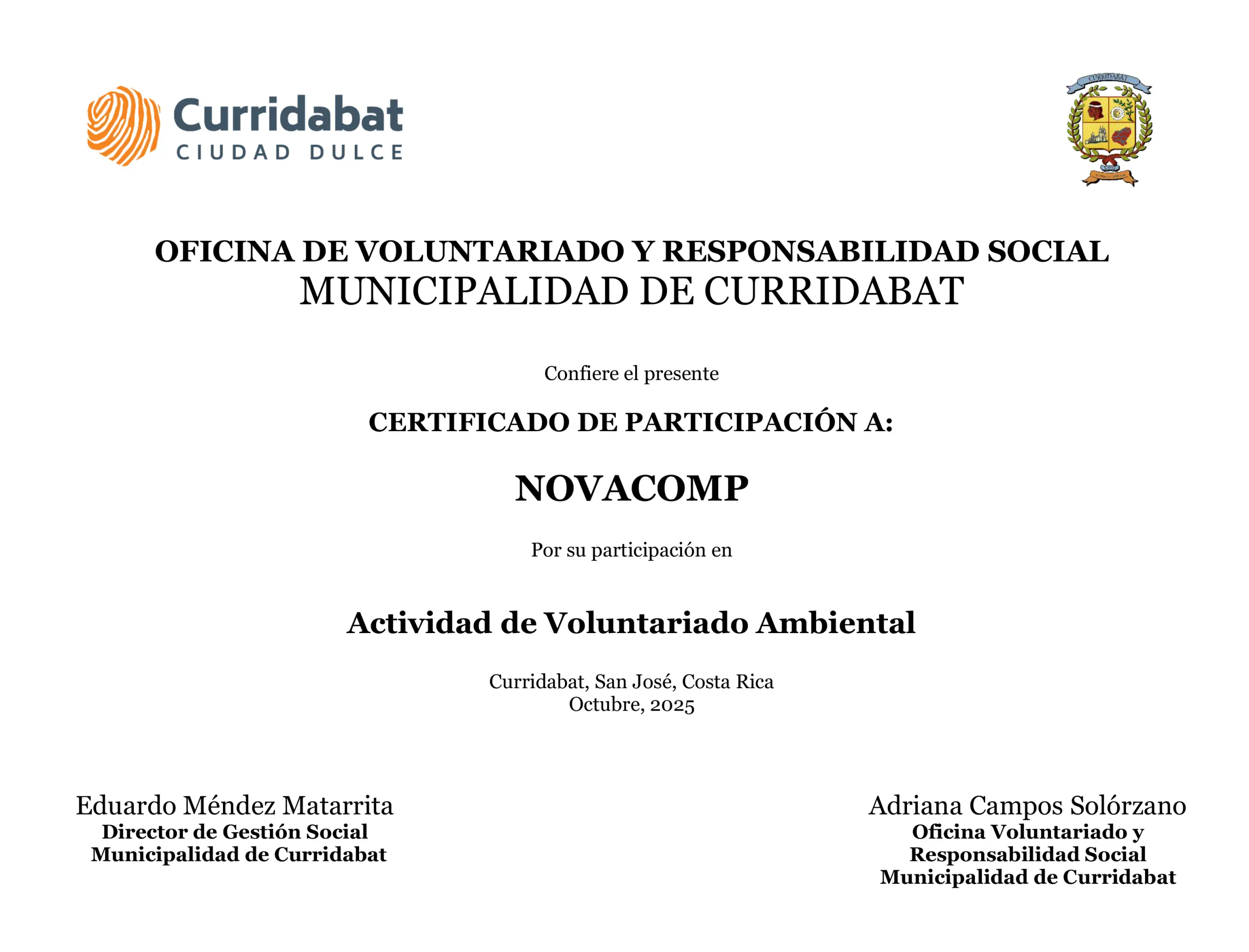 Certificado Voluntariado Ambiental Curridabat - Novacomp 3