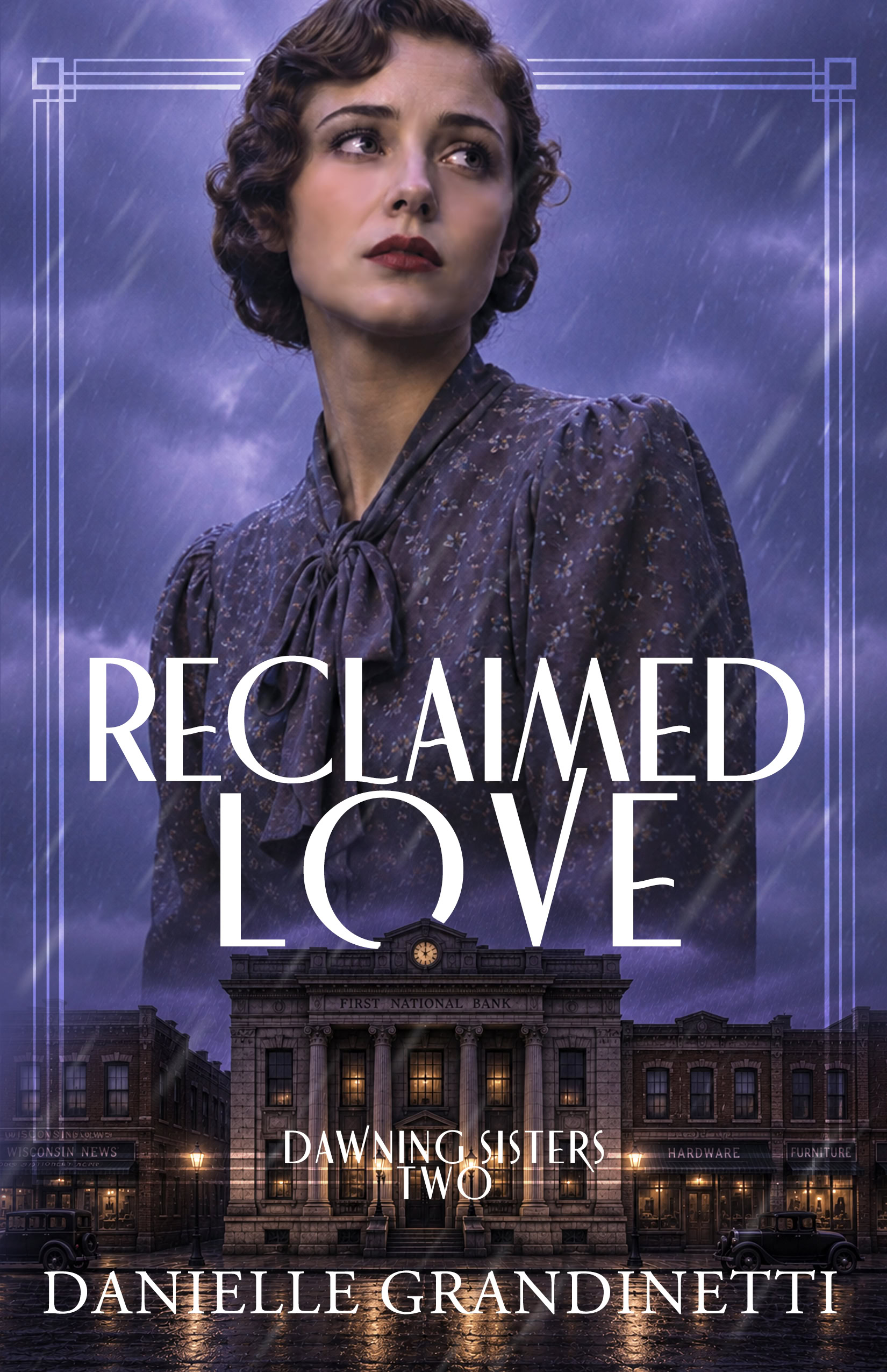 Woman in vintage dress looks upward in a rainy night ornate border framing with a historic bank building at the bottom and the title reclaimed love prominent above