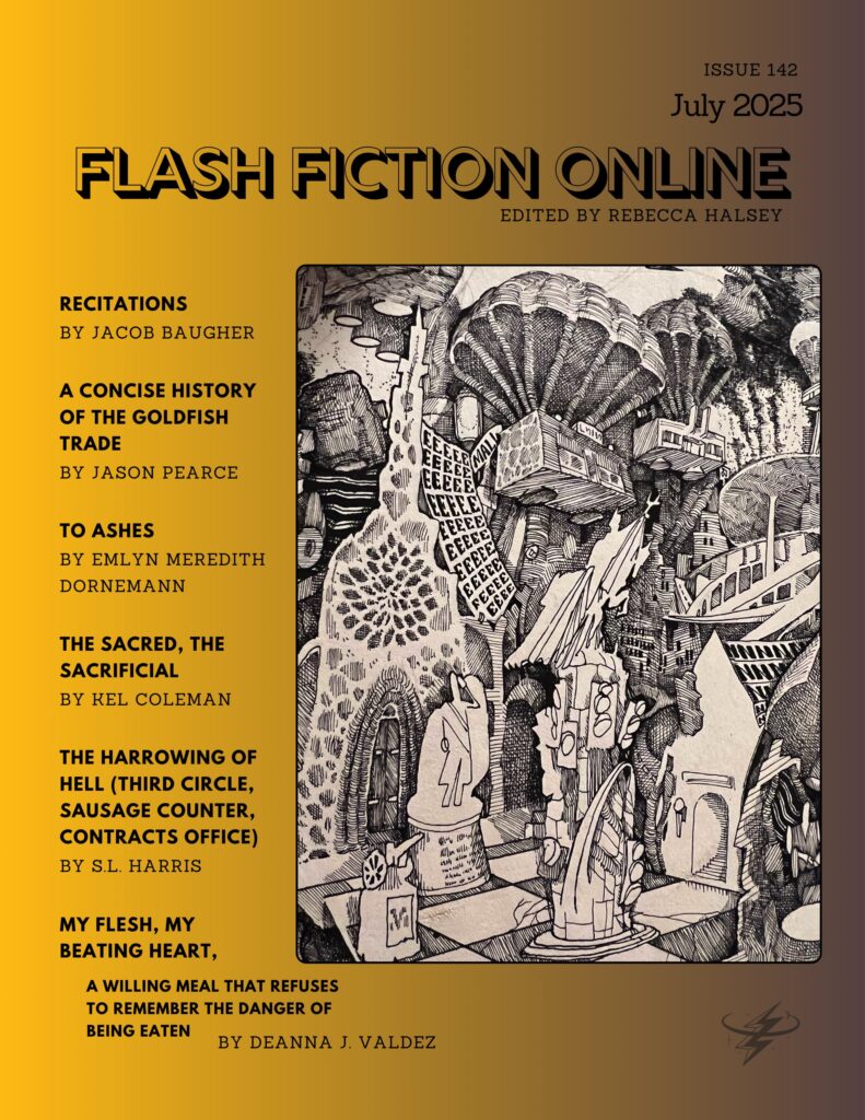 Cover for July 2025. Cover art is pen-and-ink drawing of a church in ruins within a futuristic city.