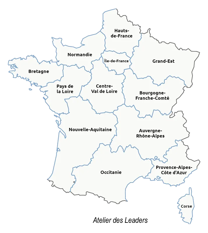 Carte de France des régions pour séminaire Atelier des Leaders