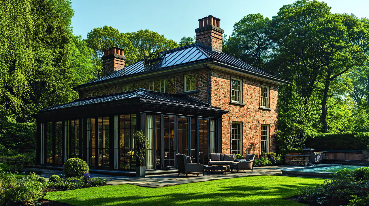 Black aluminium orangery with pitched glass roof extending from red brick Victorian house into landscaped garden