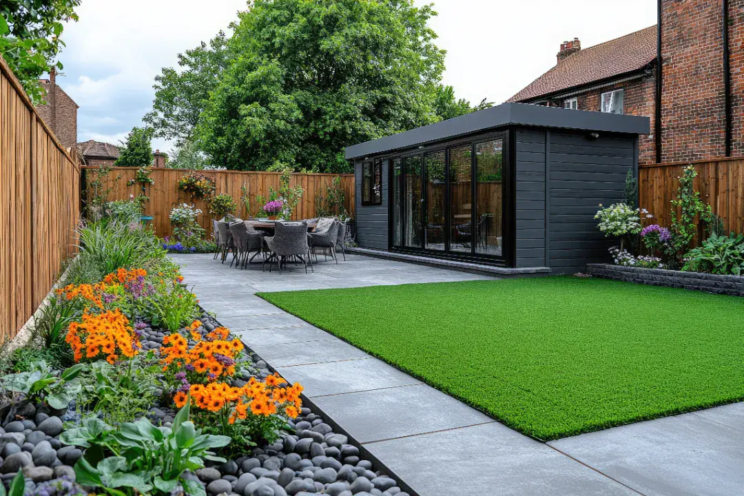 Modern anthracite garden room with composite cladding and bifold doors in landscaped garden with artificial grass and flowers