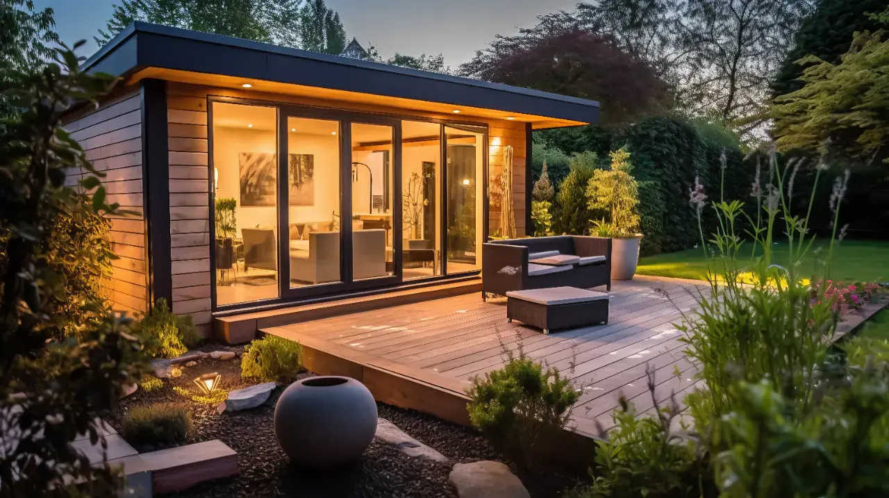 Garden room with cedar wood cladding and anthracite bifold doors on raised composite deck in landscaped garden