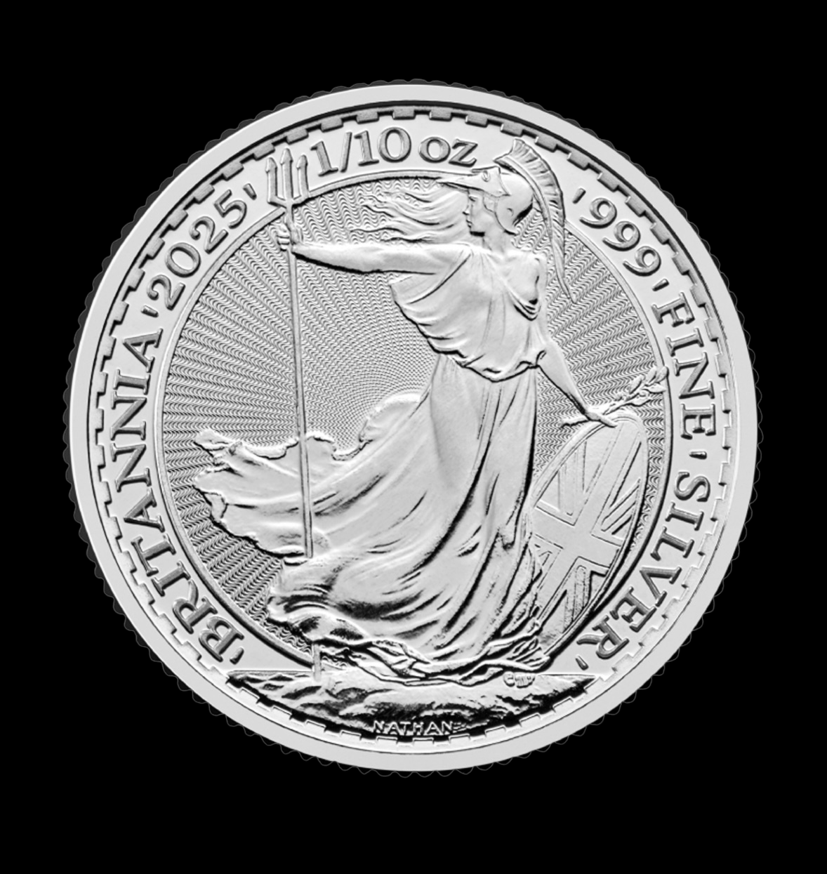 Pièce Britannia Argent avec déesse Britannia et trident, éléments de sécurité