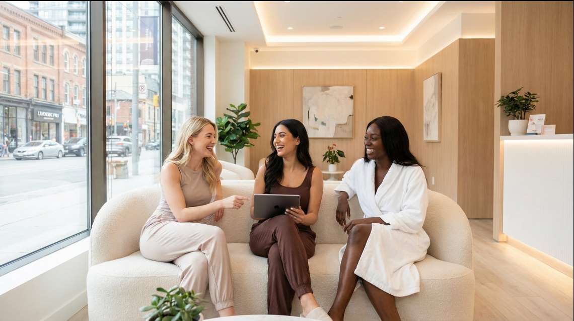 Three diverse women smiling in a modern spa lounge, discussing if laser hair removal is safe for all skin types, including dark skin tones.