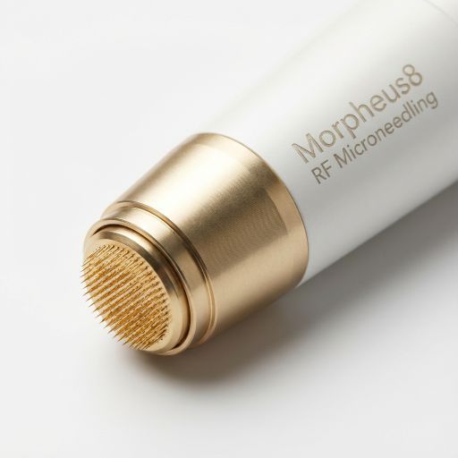 Close-up of the Morpheus8 RF Microneedling gold-tipped applicator showing the tiny needles, illustrating How Morpheus8 Works to rejuvenate skin.