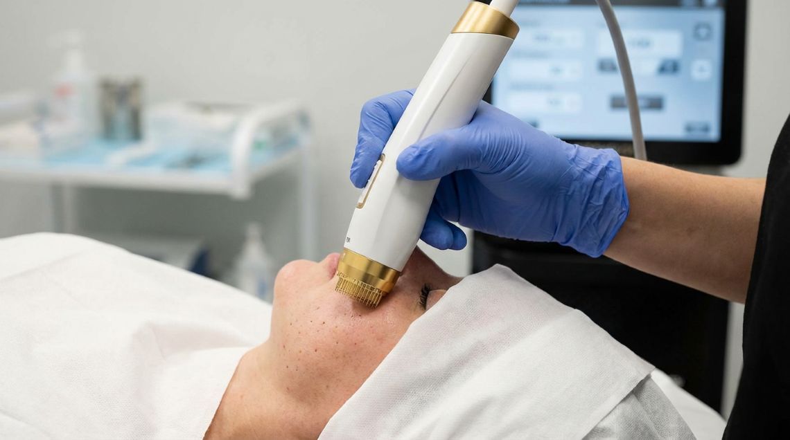 Close-up of a patient receiving a Morpheus8-treatment-toronto session, showing the RF microneedling device applied to the cheek by a gloved technician