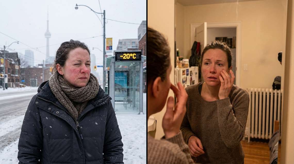 Woman with windburn and redness outdoors in -20&deg;C Toronto snow, examining dry skin in mirror for winter-skincare-toronto routine.