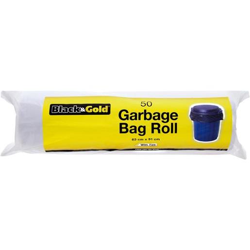 BLACK & GOLD GARBAGE BAGS ROLL 63CM X 91 CMS WITH TIES 50S Pack Size: 12
