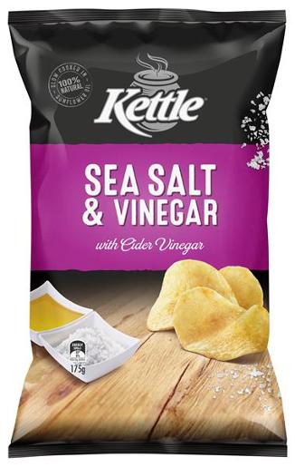KETTLE SEA SALT & VINEGAR POTATO CHIPS 175GM Pack Size: 12