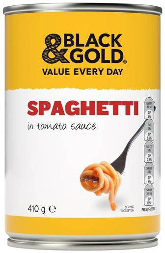 BLACK & GOLD TOMATO SAUCE SPAGHETTI 410GM Pack Size: 12