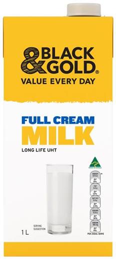 BLACK & GOLD MILK FULL CREAM LONG LIFE UHT 1L Pack Size: 10