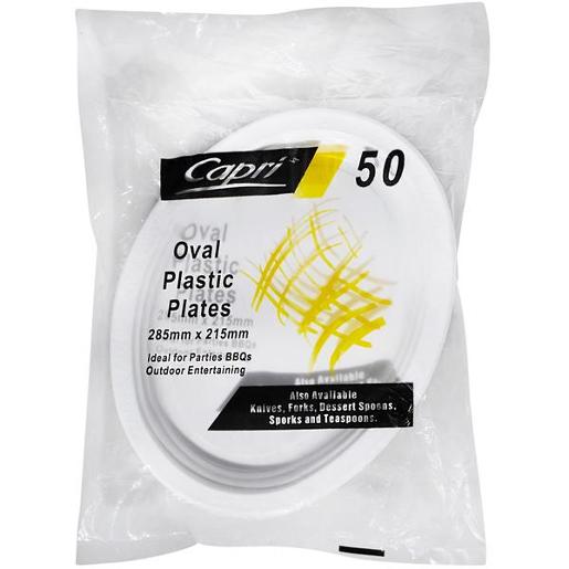 CAPRI OVAL PLASTIC PLATES WHITE 50S Pack Size: 10
