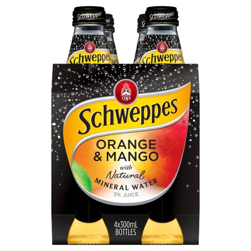SCHWEPPES ORANGE AND MANGO MINERAL WATER 4 PACK 300ML Pack Size: 6