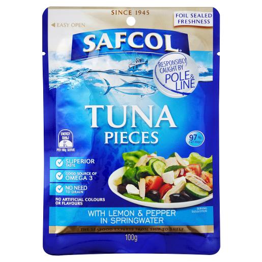 SAFCOL GOURMET ON THE GO TUNA WITH LEMON & PEPPER IN SPRINGWATER PO 100GM Pack Size: 12