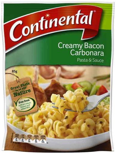 CONTINENTAL CREAMY BACON CARBONARA PASTA & SAUCE 85GM Pack Size: 7