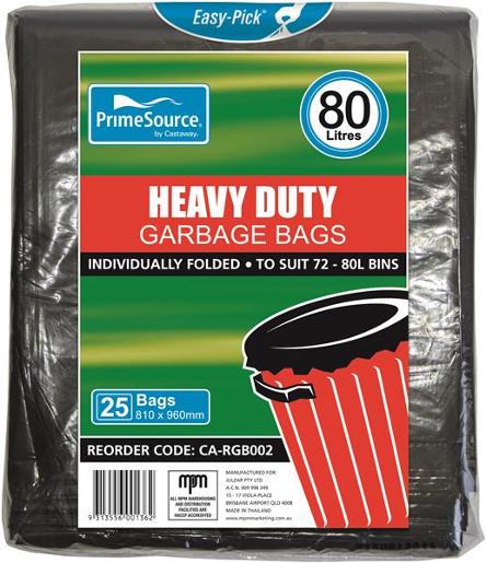 CAST AWAY GARBAGE BAGS HEAVY DUTY EASY-PICK BLACK 80L 25S Pack Size: 10