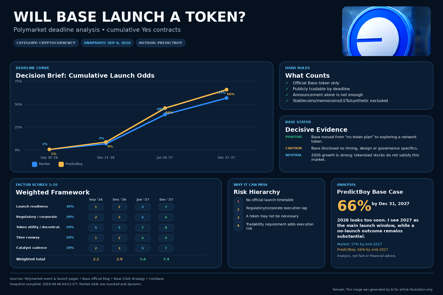 PredictFact executive dashboard comparing Polymarket Base token launch odds across 2026 and 2027 deadlines