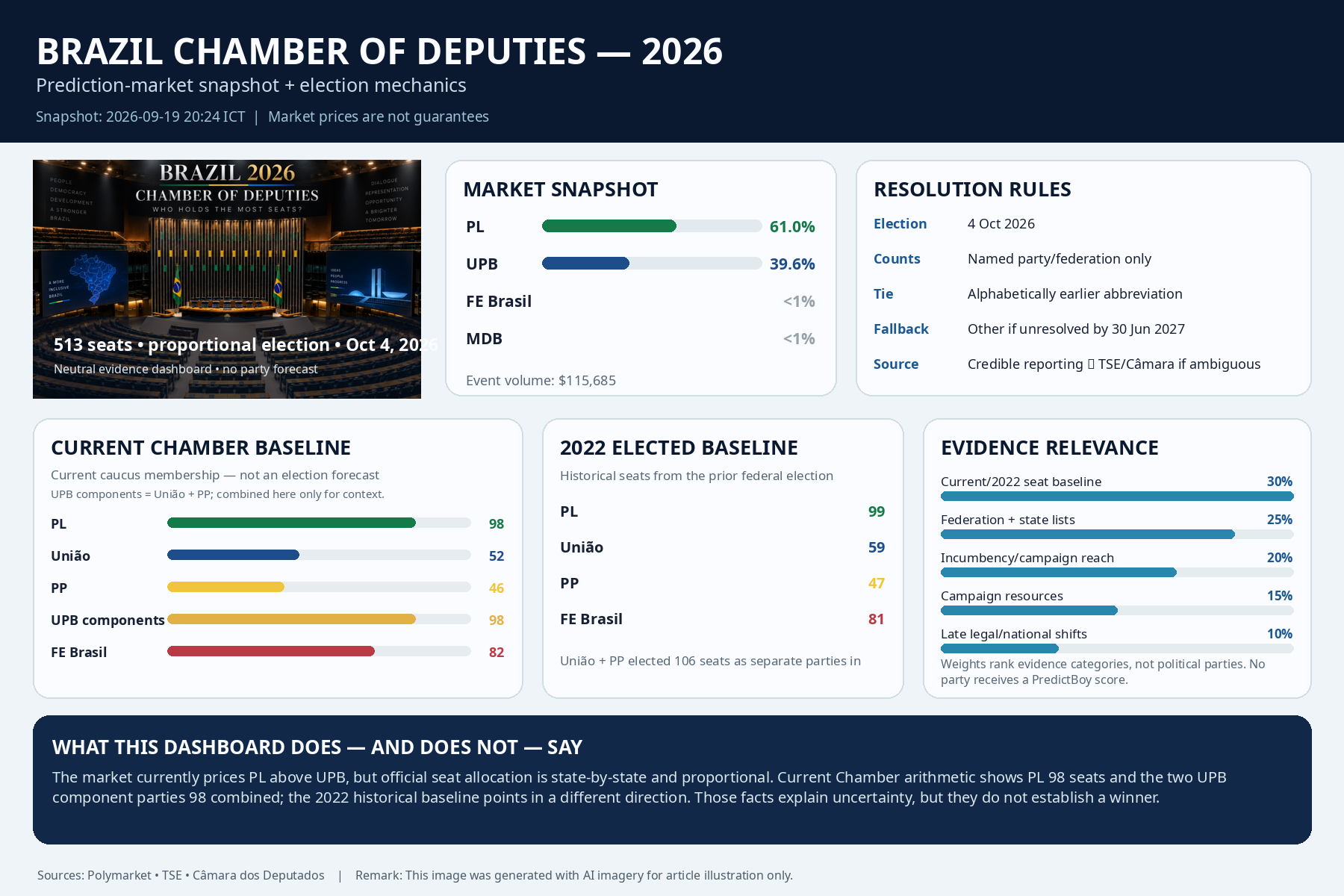 PredictFact neutral dashboard showing Brazil Chamber 2026 Polymarket odds, resolution rules and factual seat baselines