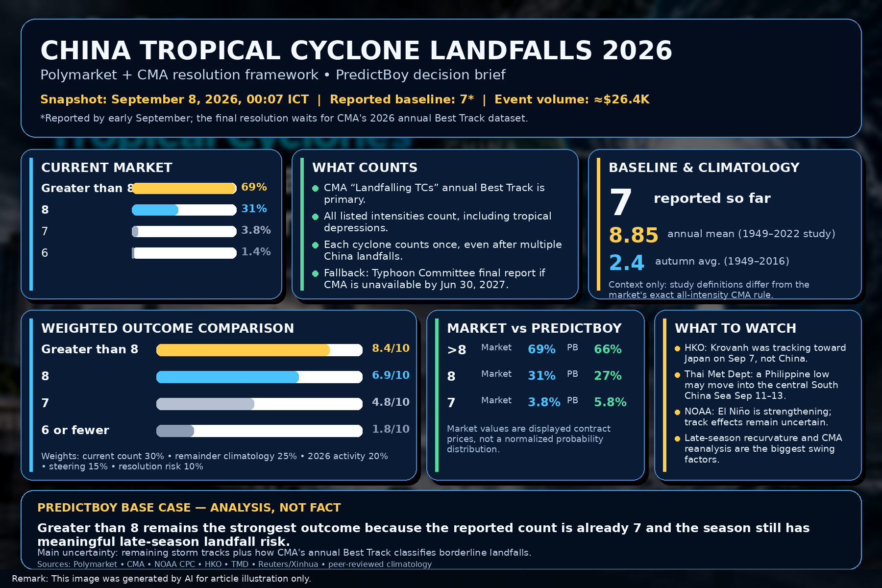 PredictFact dashboard summarizing China tropical cyclone landfall market odds, CMA rules, climatology, weighted scores and PredictBoy probabilities.