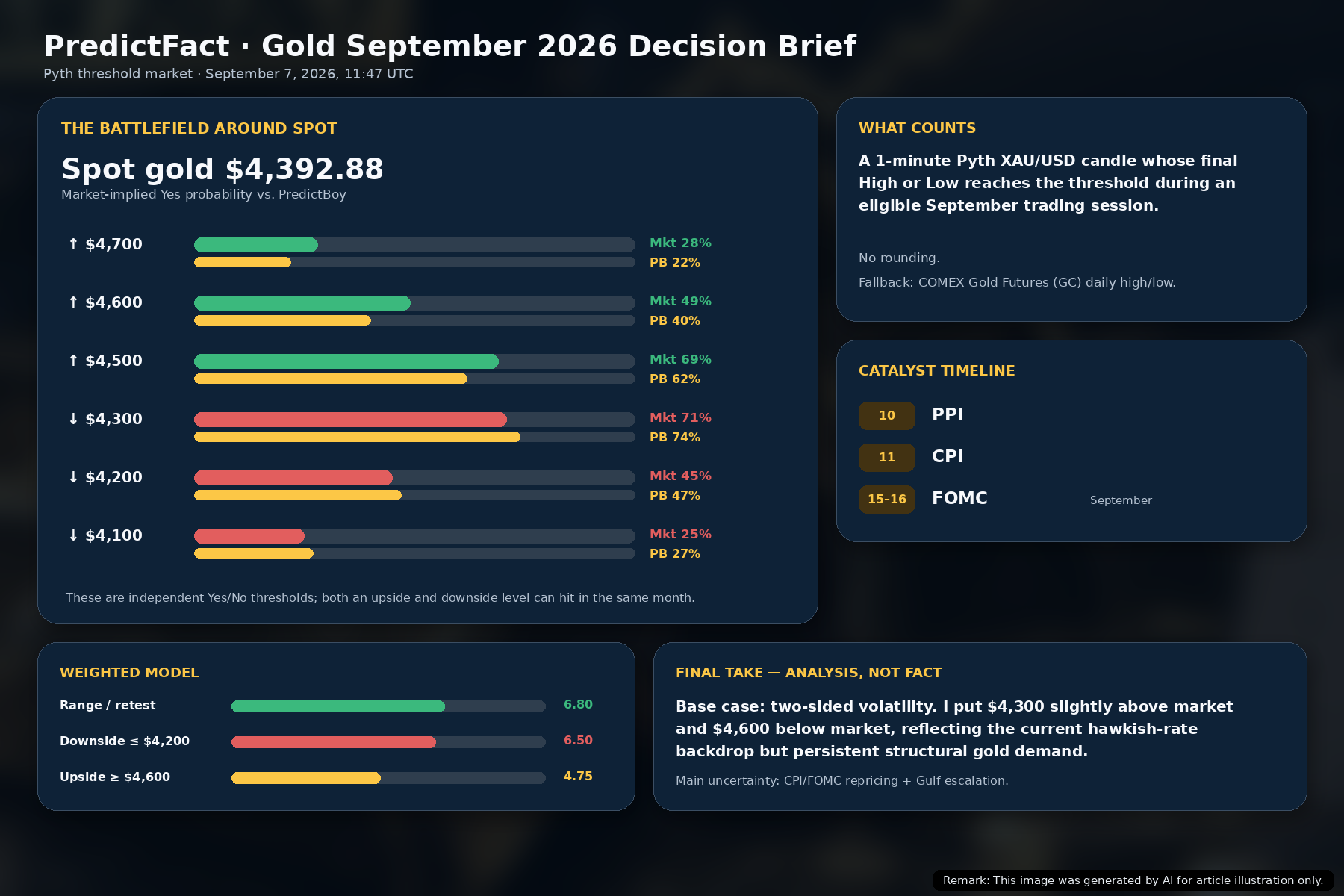 Gold September 2026 summary dashboard comparing Polymarket XAUUSD thresholds, PredictBoy probabilities, Pyth rules and macro catalysts