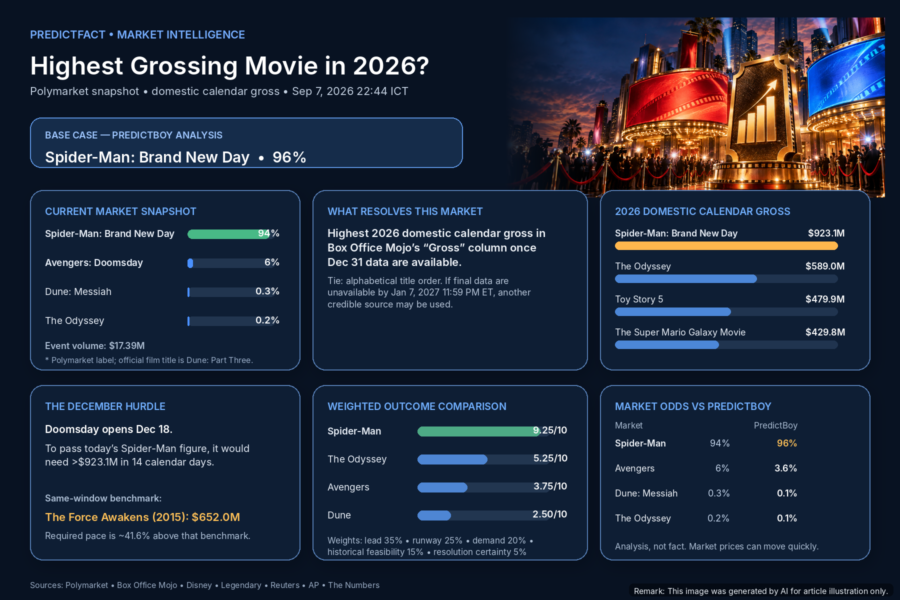 PredictFact dashboard summarizing 2026 box office market odds, domestic grosses, weighted scores and PredictBoy probabilities