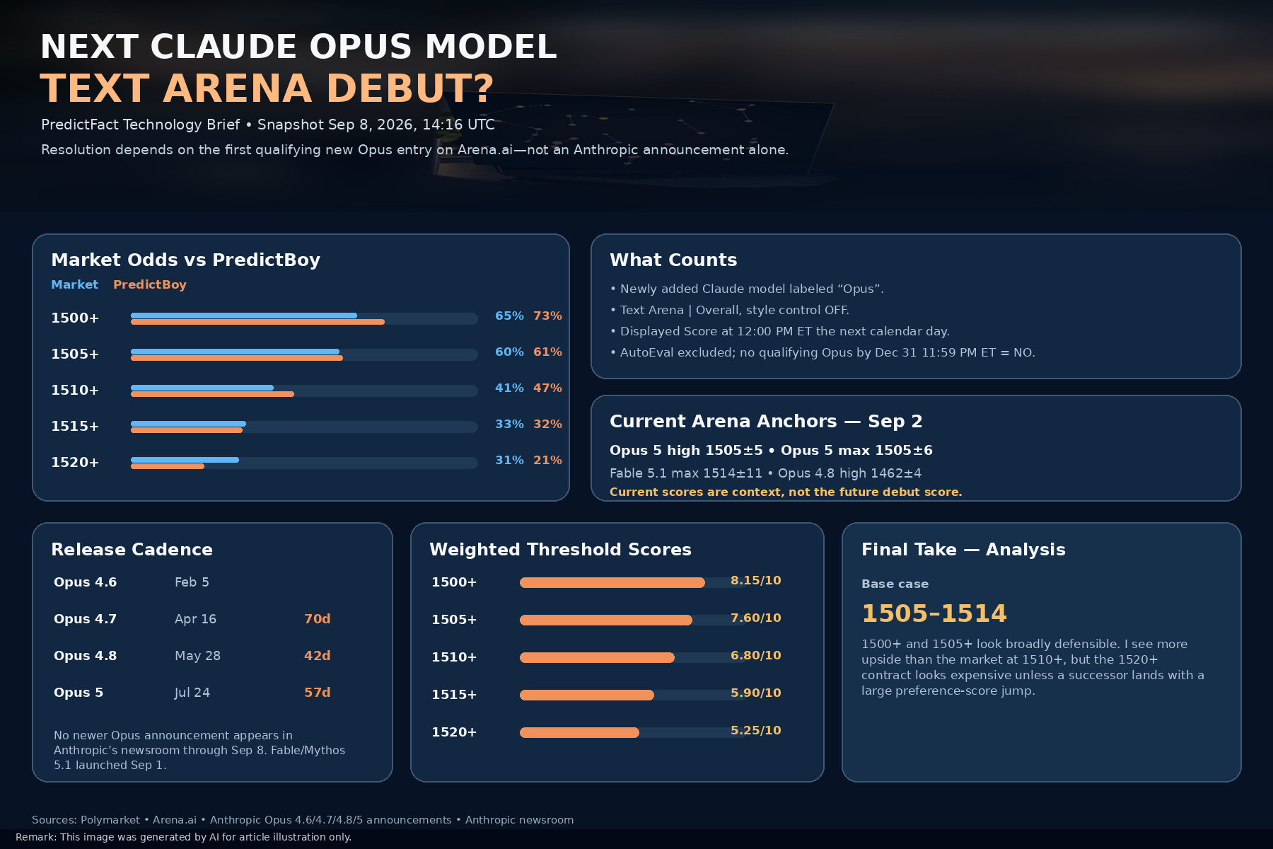 PredictFact dashboard comparing five next-Claude-Opus Text Arena score thresholds, Polymarket odds, PredictBoy probabilities and release evidence