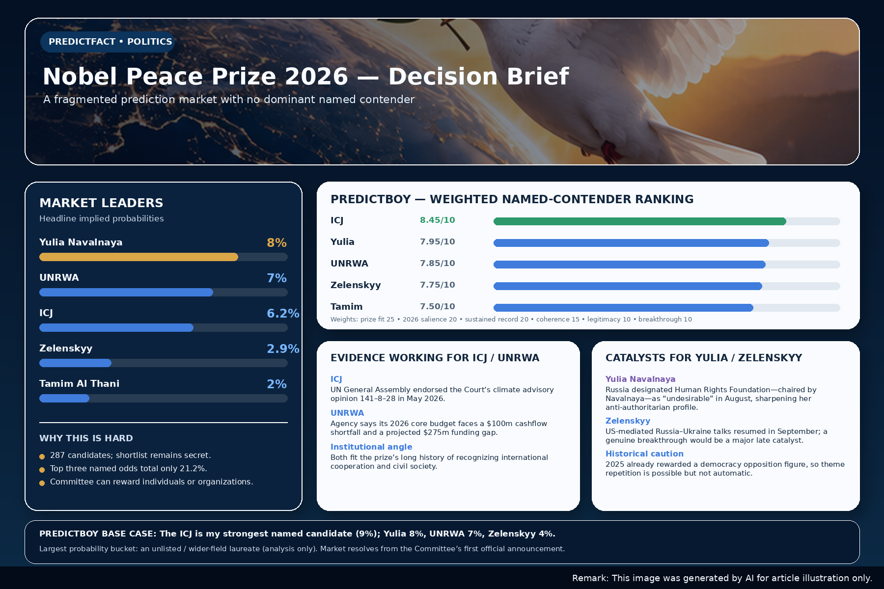 PredictFact Nobel Peace Prize 2026 decision brief showing Polymarket leaders, weighted named-contender scores and key evidence