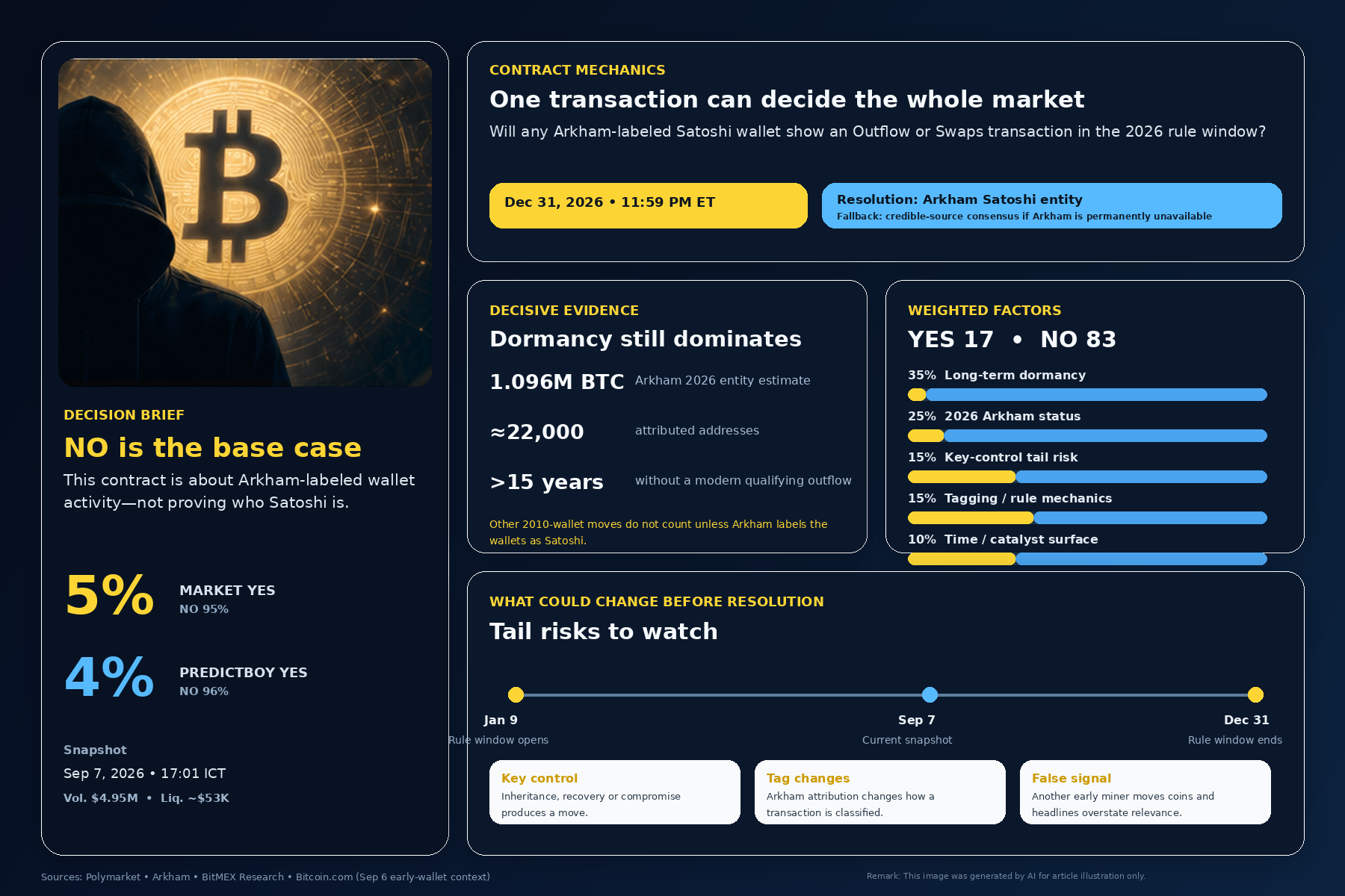 PredictFact summary dashboard showing 5% market Yes odds, 4% PredictBoy Yes assessment, Arkham evidence, weighted factors and 2026 resolution risks