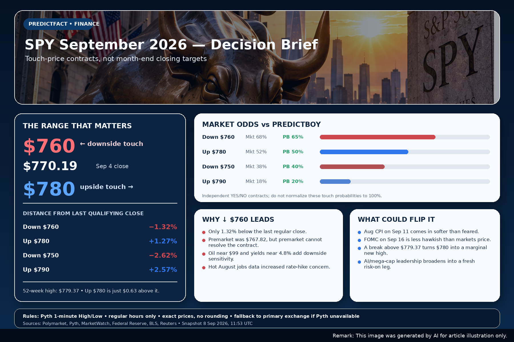 PredictFact decision brief comparing SPY $760 and $780 Polymarket odds, price distance, macro catalysts and PredictBoy probabilities