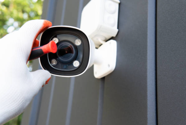 Main d’un technicien ROCHUT ENERGIES installant une caméra de sécurité pour renforcer la vidéosurveillance