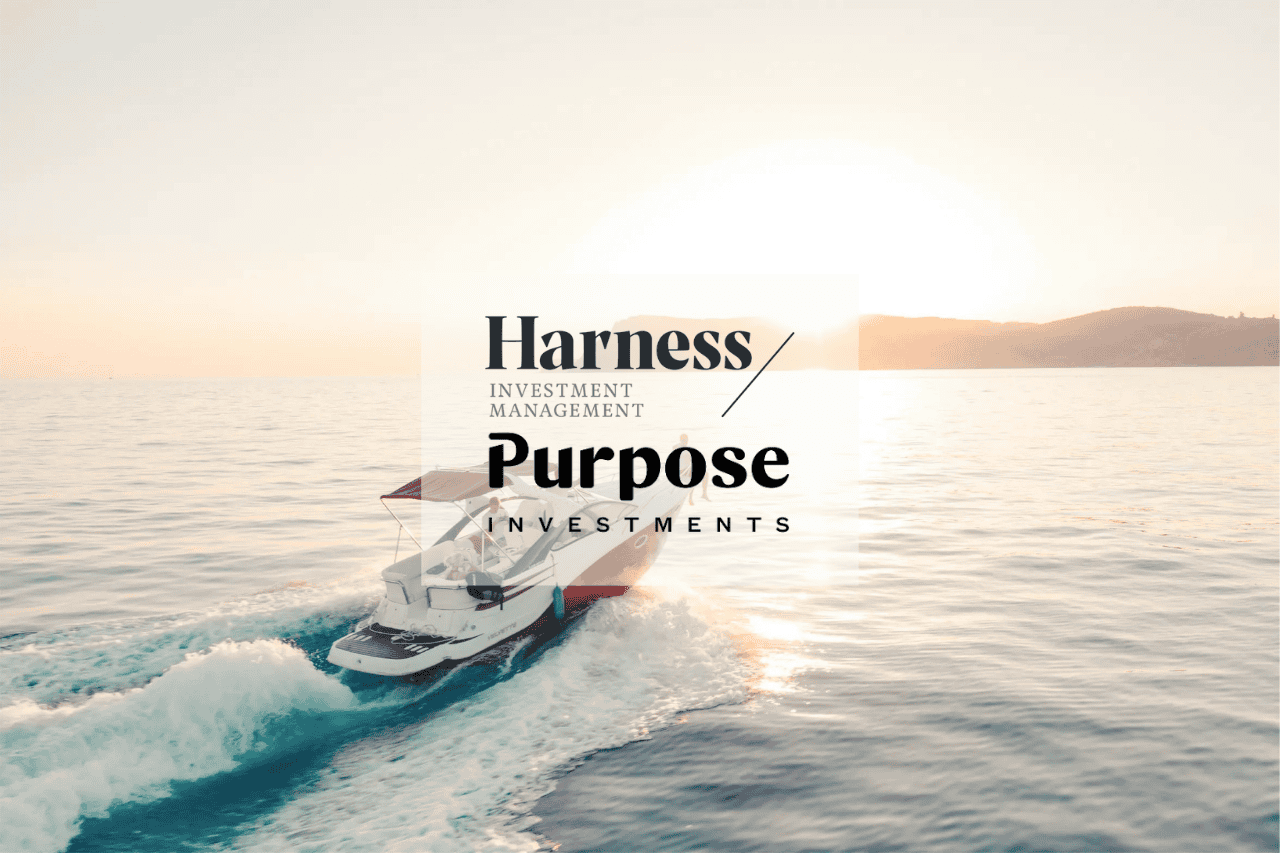 A motorboat speeds across calm ocean waters at sunset, with mountains in the background. Overlaid text reads: Harness Investment Management / Purpose Investments—leaders in investment management in Canada.