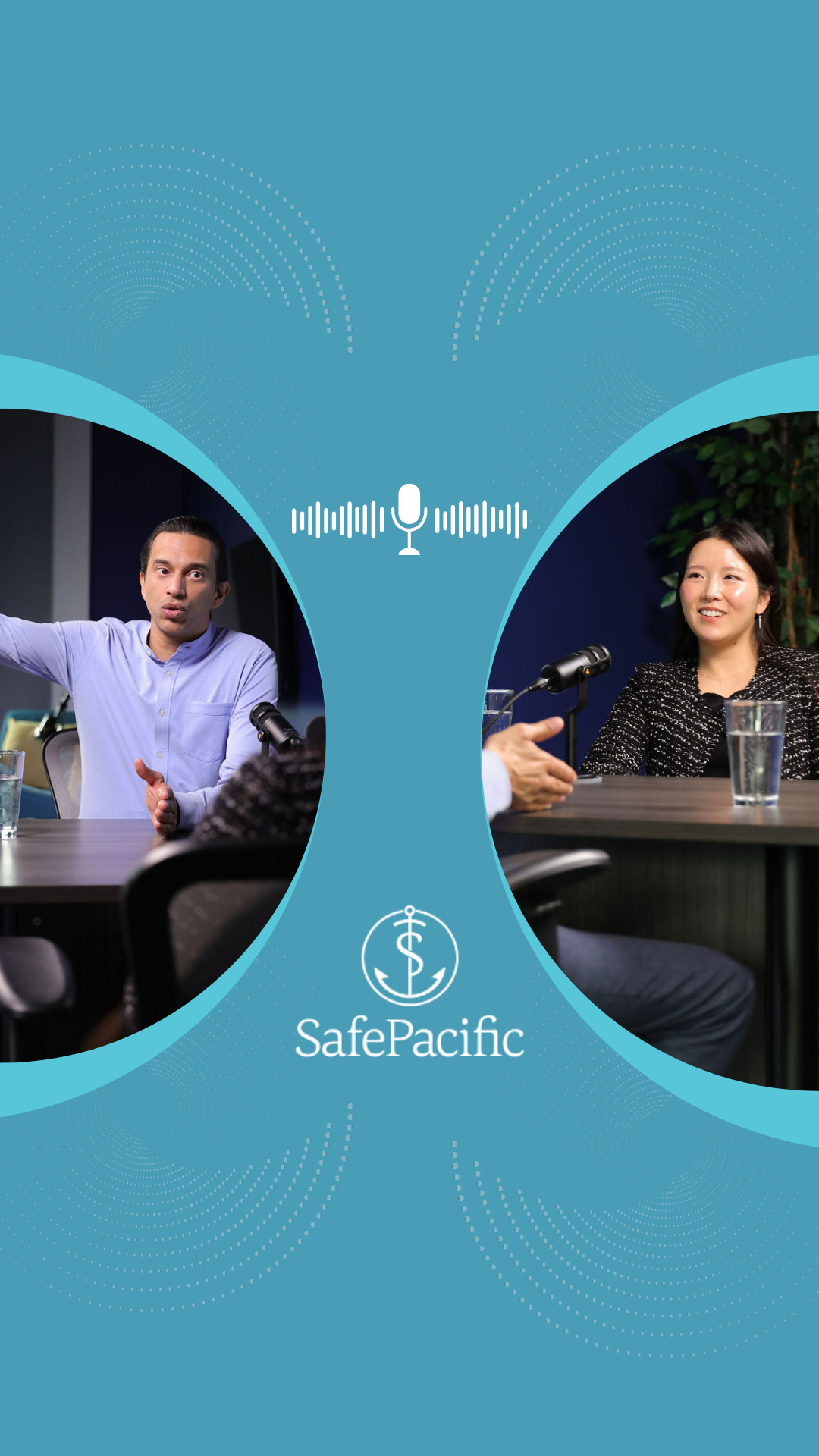 Two people sit at a table in a podcast studio, speaking into microphones. The SafePacific logo is centered below them on a blue background with audio wave graphics, highlighting the Wealth Multiplier Podcast by Harness Investment Management.