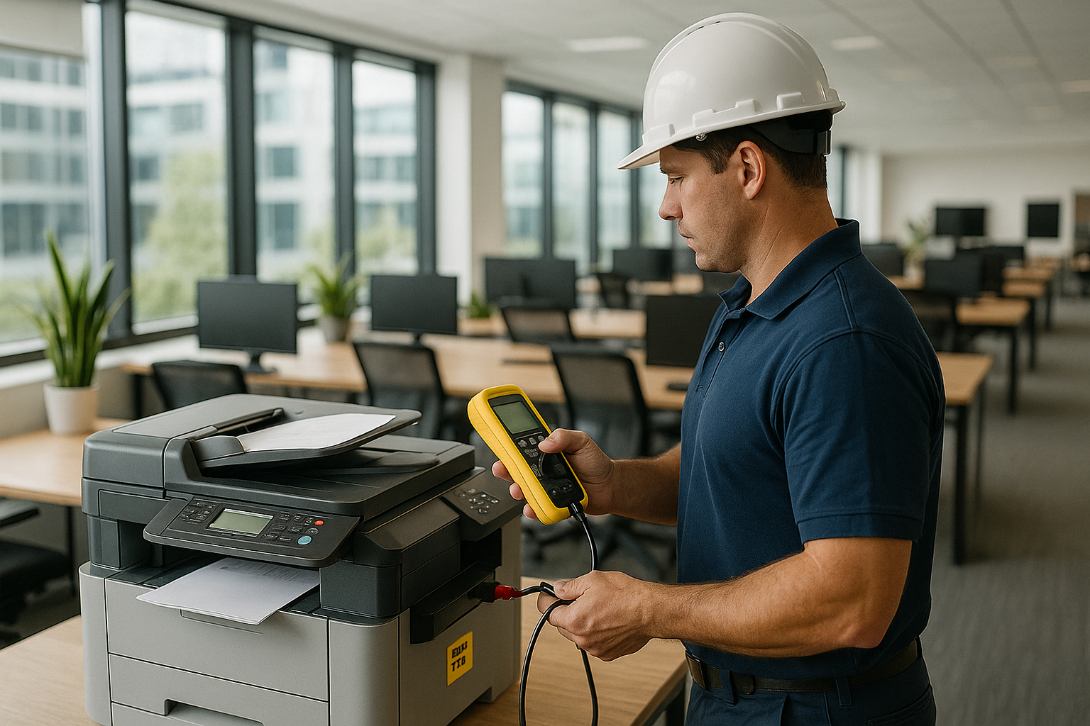 Desktop equipment in a Sydney office undergoing test and tag procedure. by SRS services's electrician