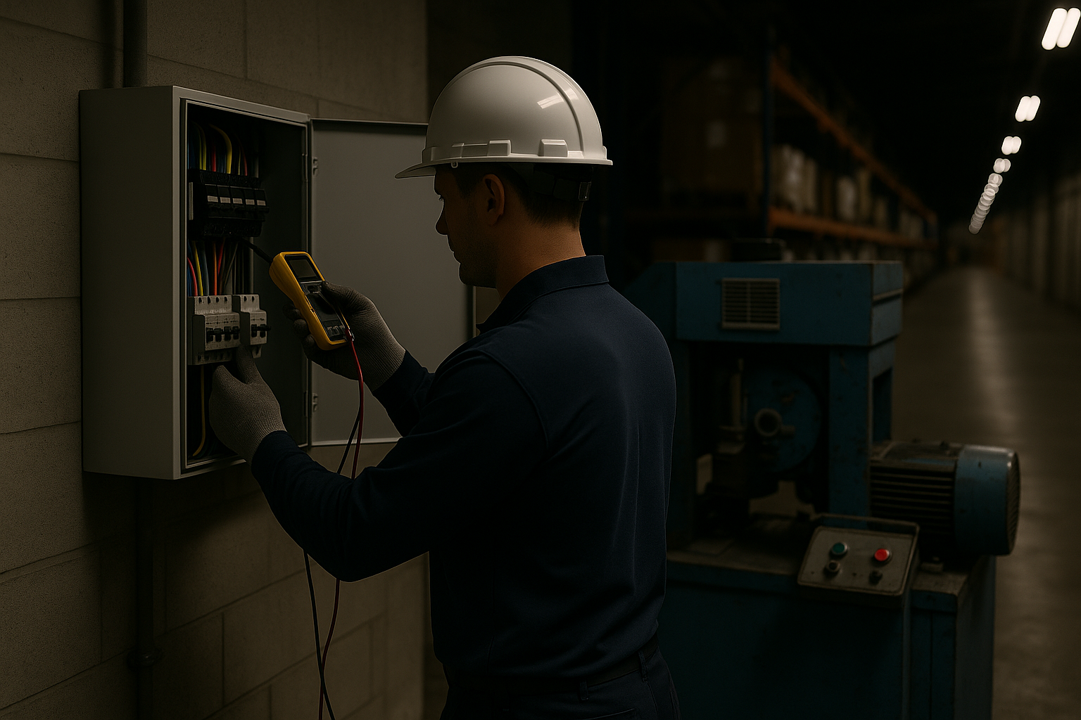 Safety switch (RCD) being tested inside a switchboard in a Sydney facility