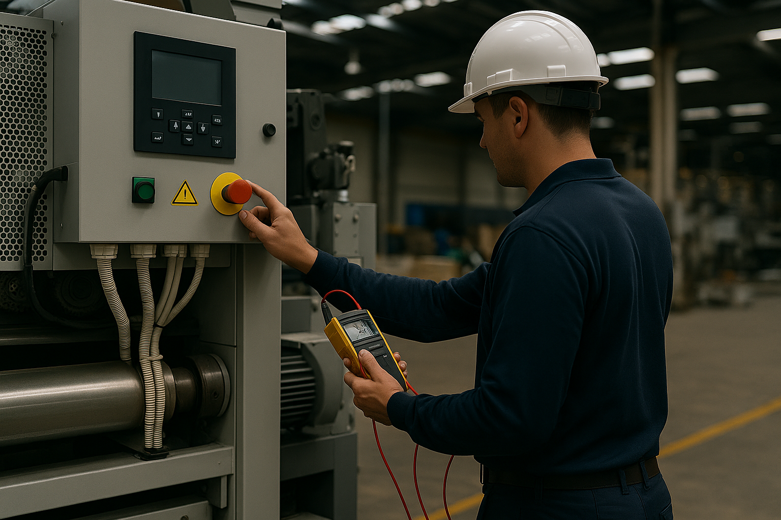 Industrial machinery undergoing 3-phase test and tag in a Sydney production facility