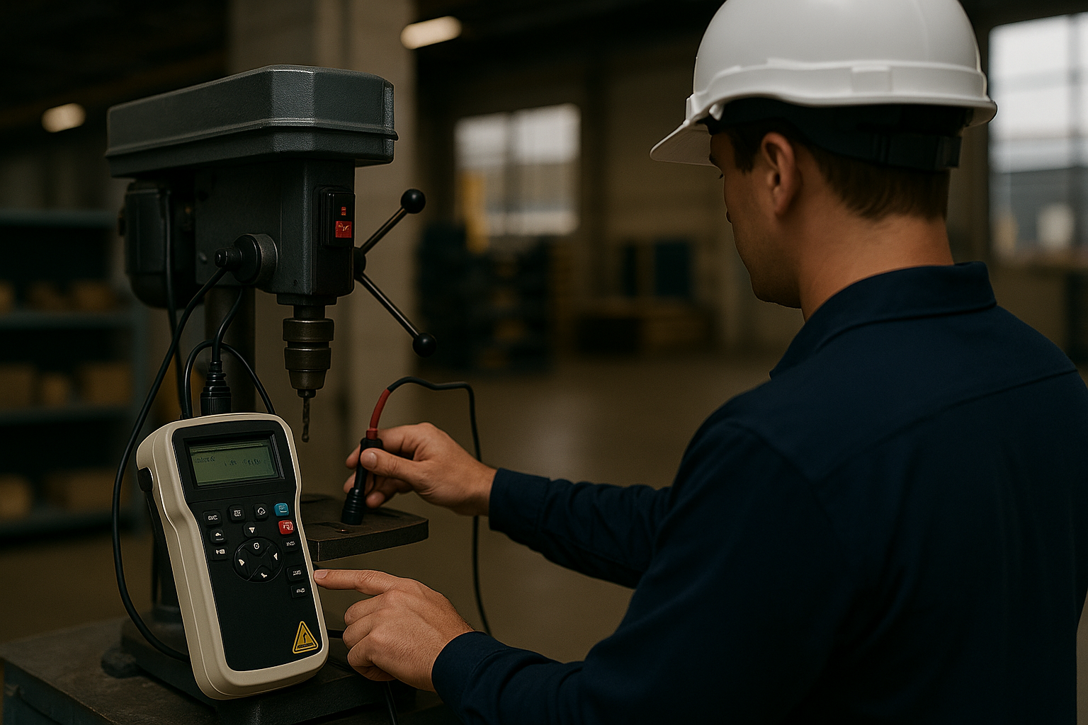 Electrical technician inspecting warehouse equipment in Sydney while test and tagging.