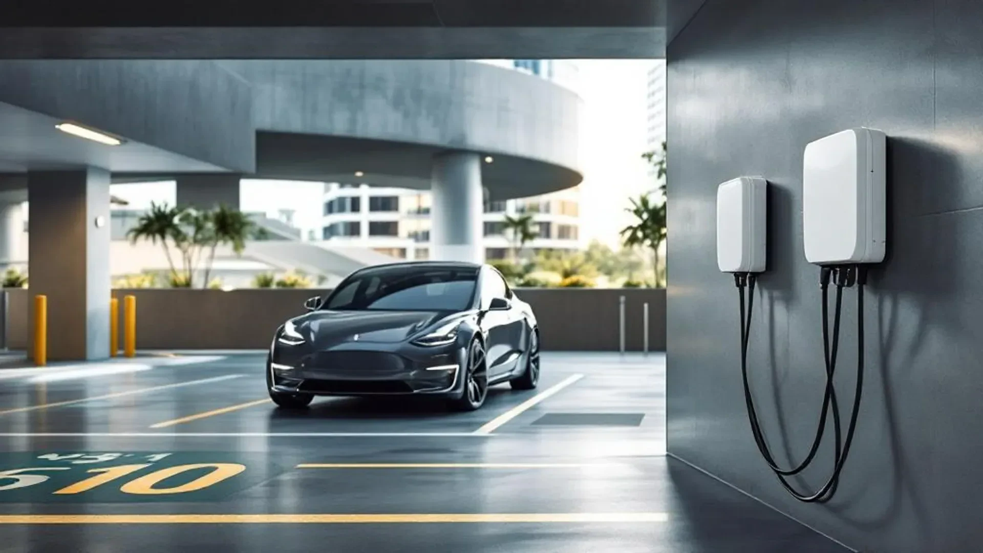 EV charger installed in a Norwest Business Park commercial carpark with multiple charging bays and modern office building in background