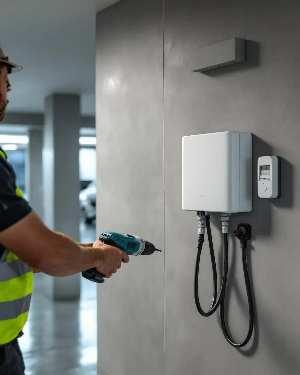 Licensed electrician commissioning a wall-mounted EV charger in the basement carpark of a Norwest strata apartment tower