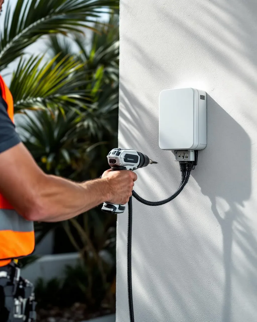 Salt-spray-resistant IP-rated EV charger mounted on an outdoor wall at a Bondi beachside property