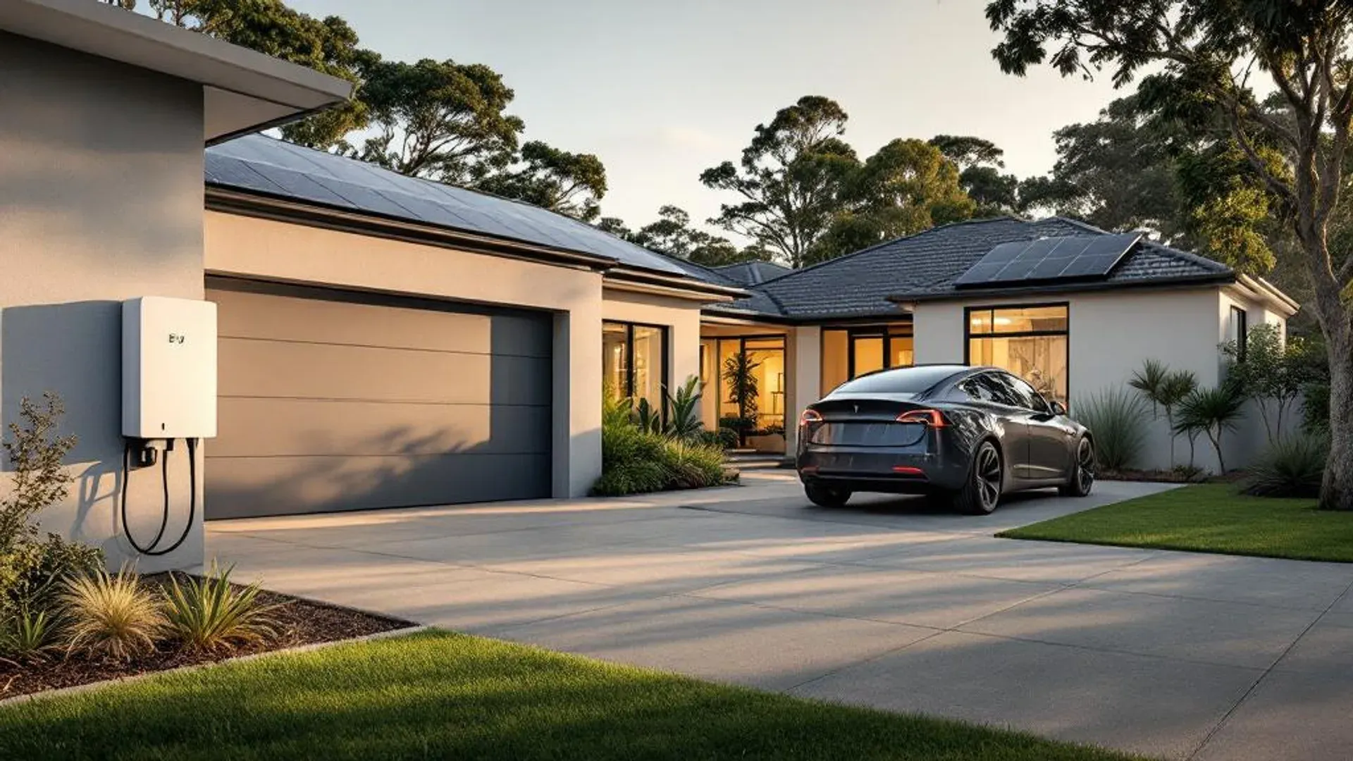 EV charger installed at a large Castle Hill family home with detached double garage and rooftop solar panels