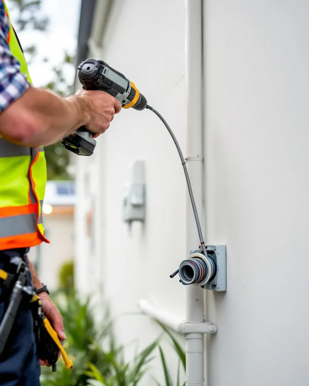Licensed Hills District electrician running conduit from meter box to detached garage for solar-tied EV charger install in Castle Hill