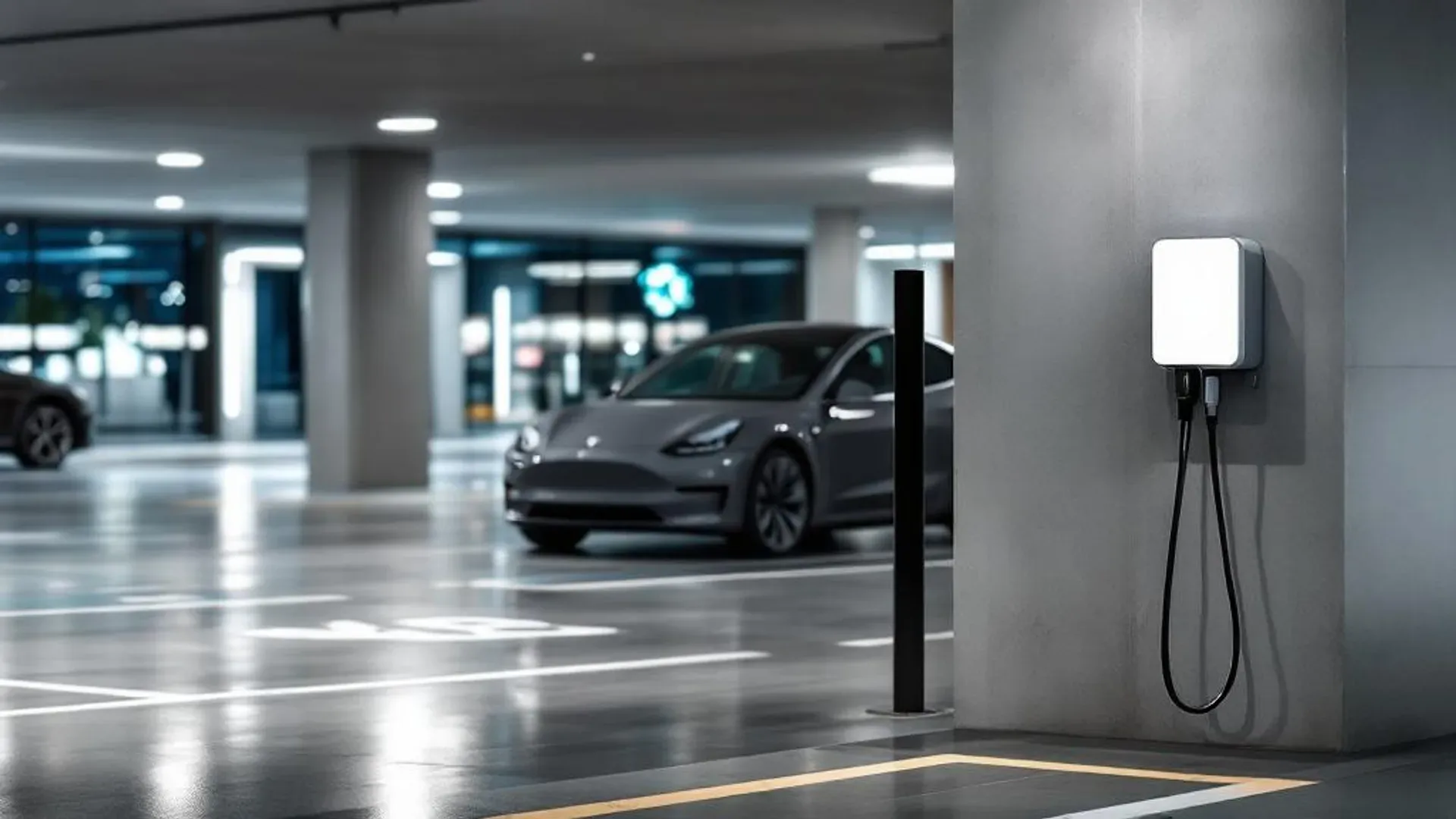 EV charger installed in a Chatswood premium apartment basement carpark with clean white wall mounting