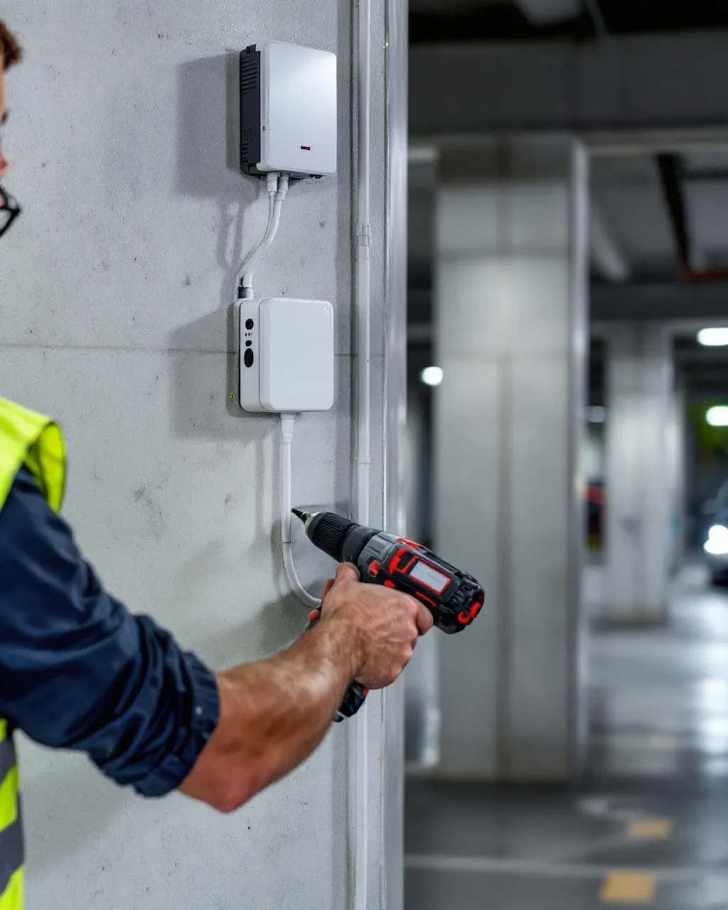 Licensed North Shore electrician commissioning an EV charger unit in a Chatswood apartment building carpark