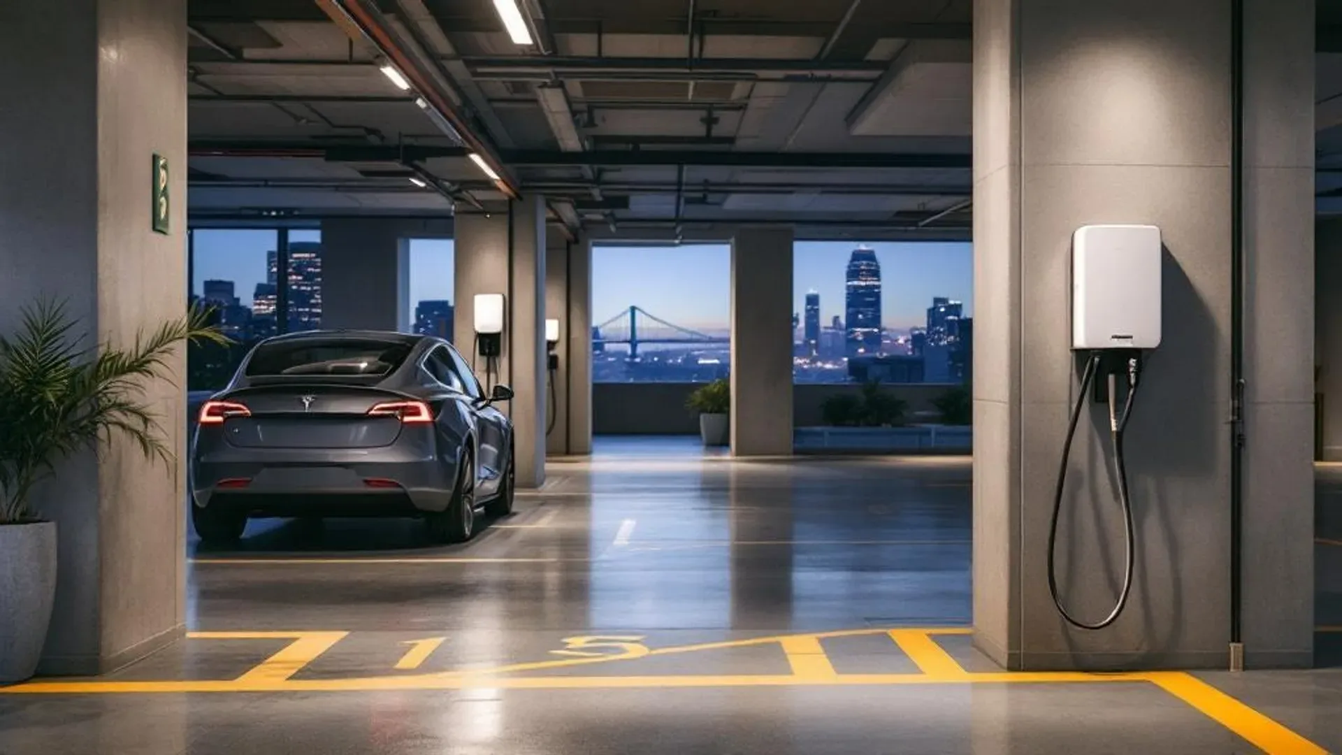 EV charger installed in a premium harbour-adjacent apartment carpark in North Sydney with modern concrete finishes