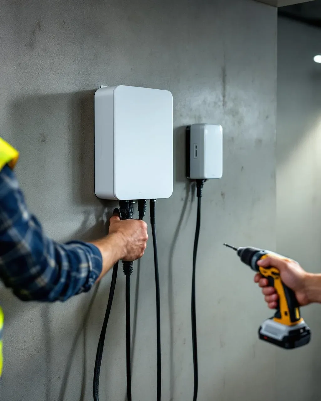 Licensed North Sydney electrician commissioning an EV charger in a basement carpark with sub-metering panel visible
