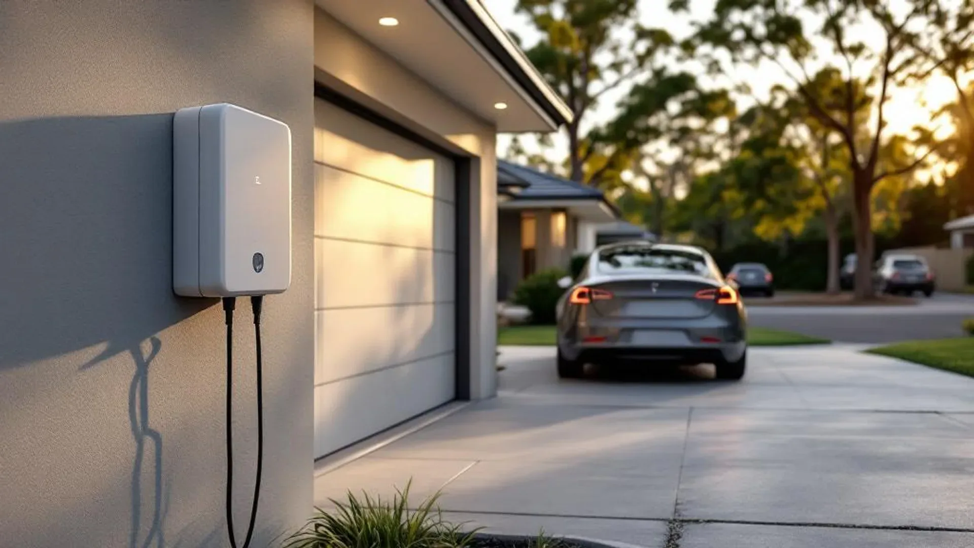 EV charger installed at a Penrith home with double driveway and modern brick facade