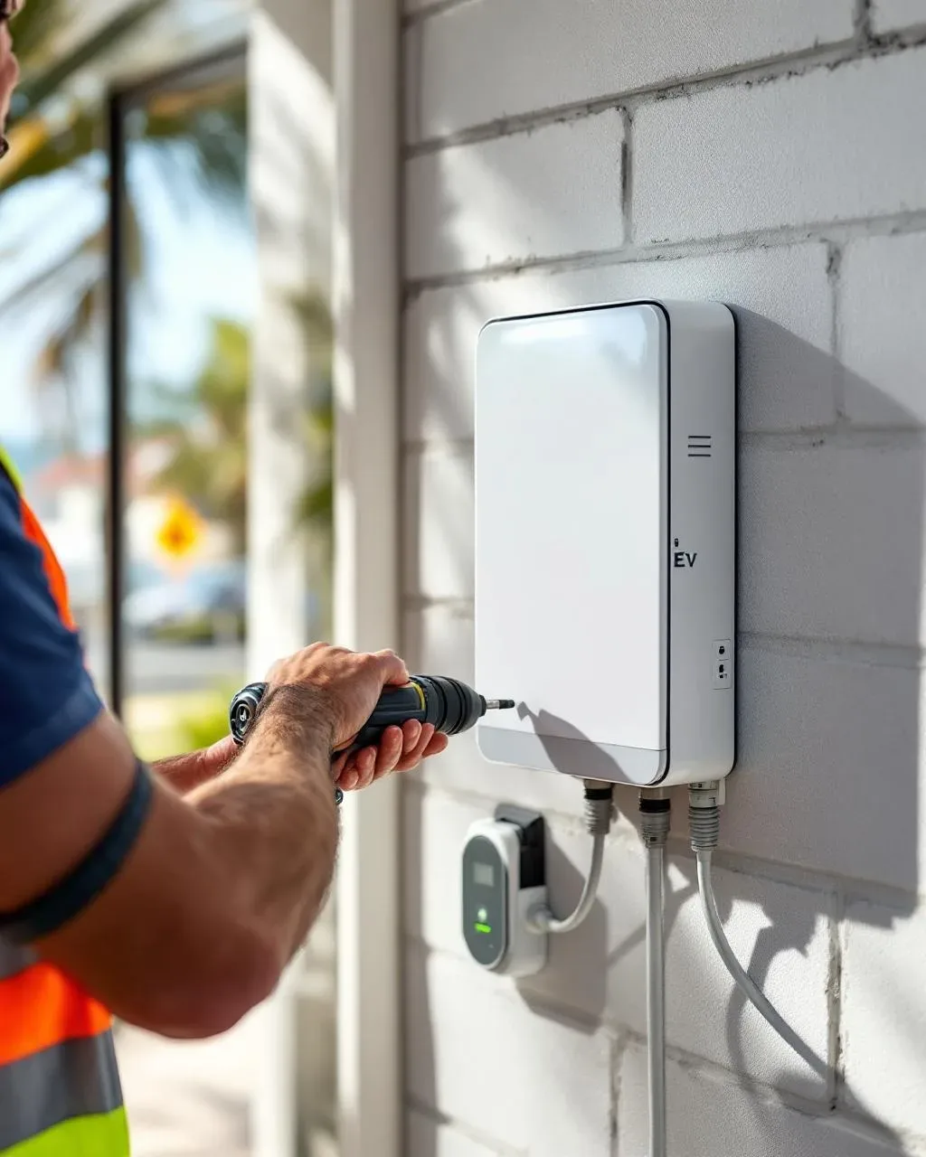 Licensed electrician mounting EV charger unit on garage wall at a Sutherland Shire residential property