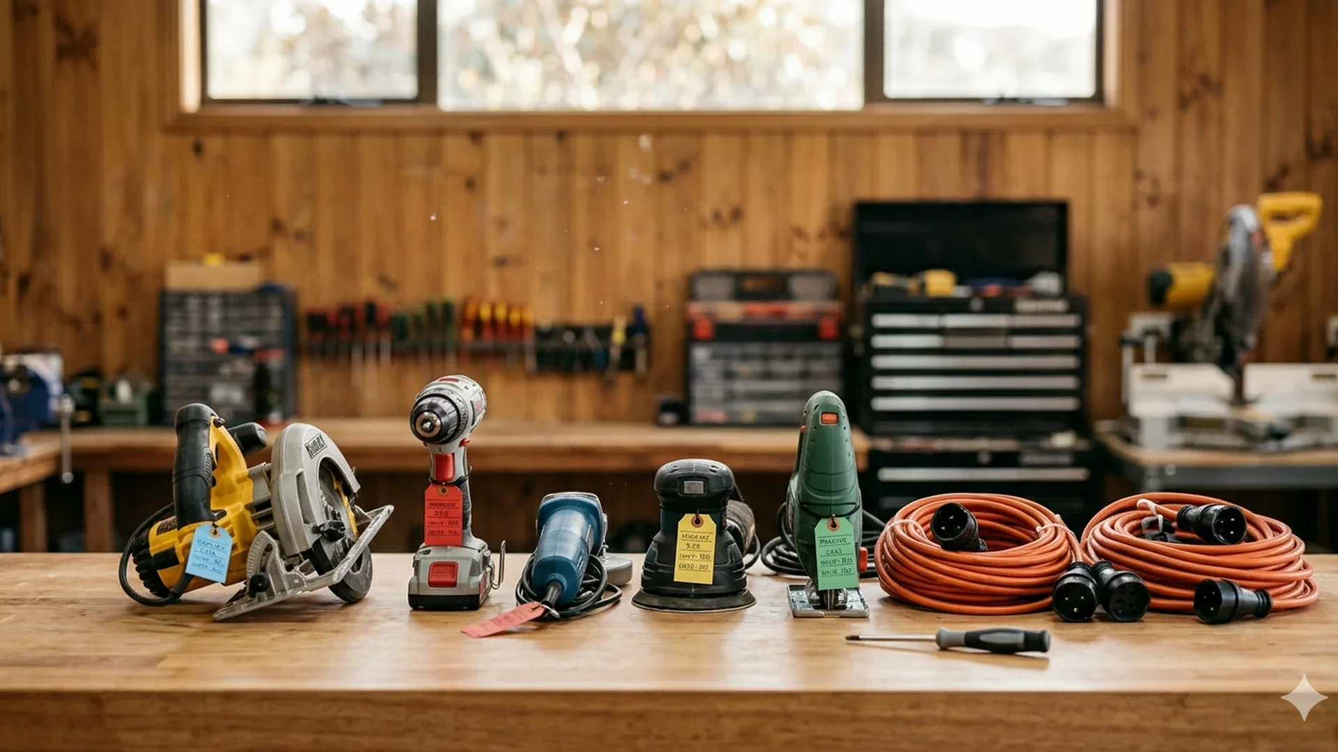 Test and tag compliance on power tools in a Sydney workshop.